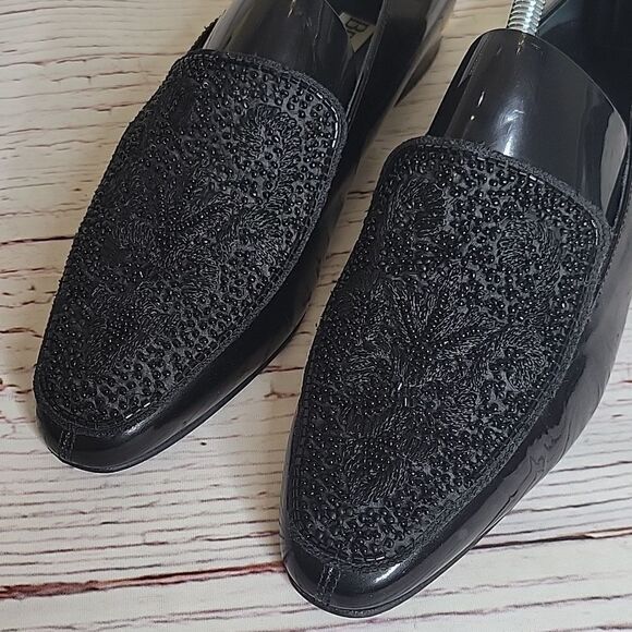 BRUNELLA Black Patent Loafers with Beaded Top of Foot Size 40 or 9.5 - Picture 6 of 14
